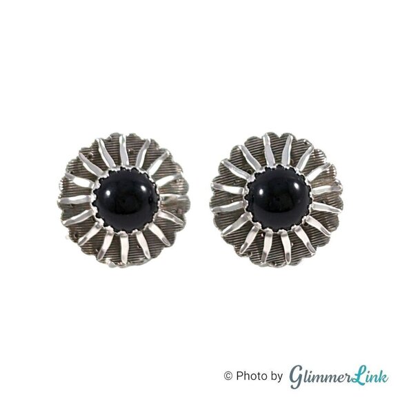 Vintage 60s Sarah Coventry Sunburst Black Cabochon Silver Tone Clip On Earrings - Picture 1 of 11